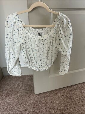 Divided White Peasant Blouse with Blue Floral Print